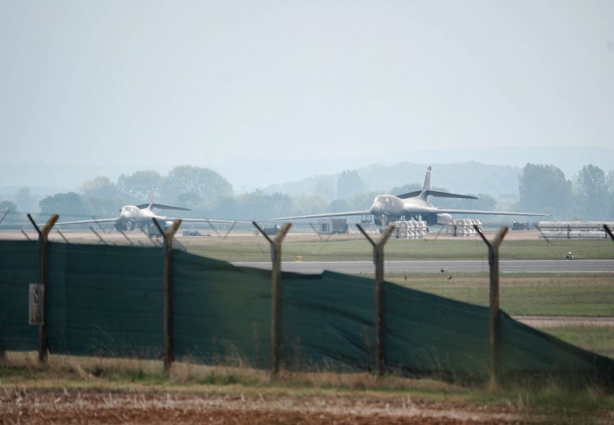 Planes at RAF Fairford after a major incident was declared Sunday, with armed police manning a cordon near the village of Whelford in Gloucestershire.