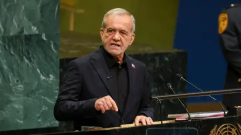 EPA Iranian President Masoud Pezeshkian addresses the UN General Assembly in New York (23 September 2026)