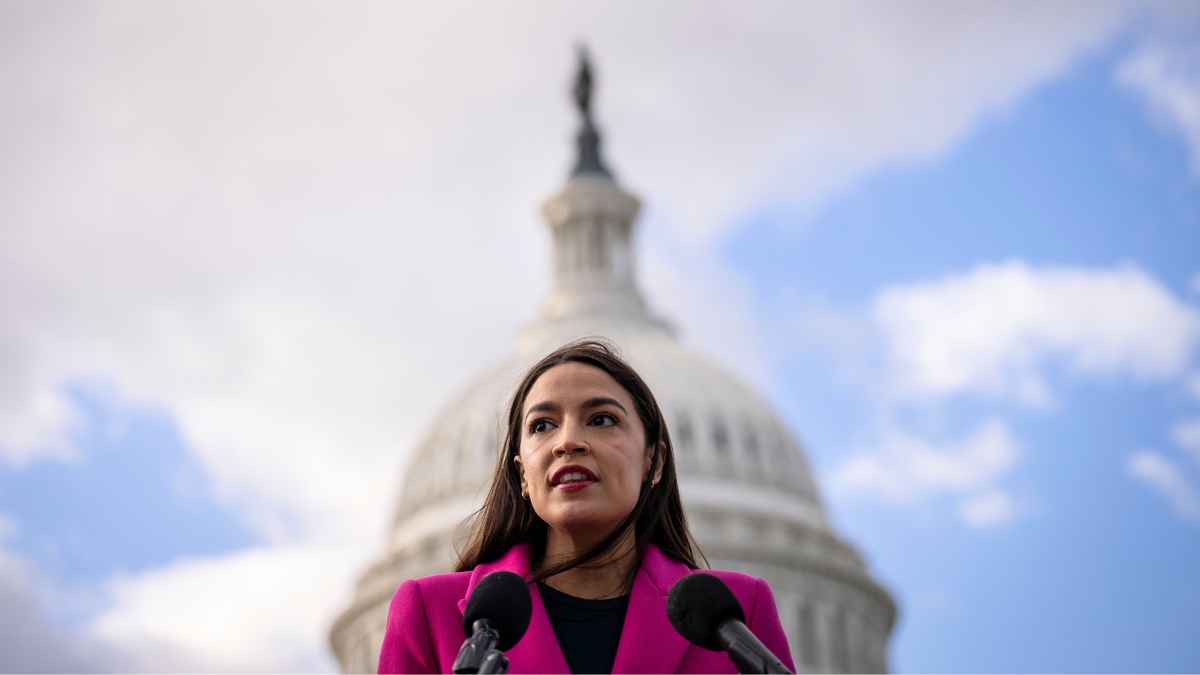 Rep. Alexandria Ocasio-Cortez (D-NY) speaks during a news conference with Democratic lawmakers about the Biden administrations border politics, outside the U.S. Capitol on January 26, 2023.