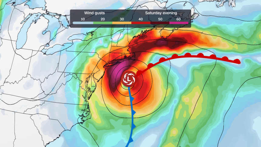 A computer model forecast of the storm's location and wind speeds on Saturday evening.