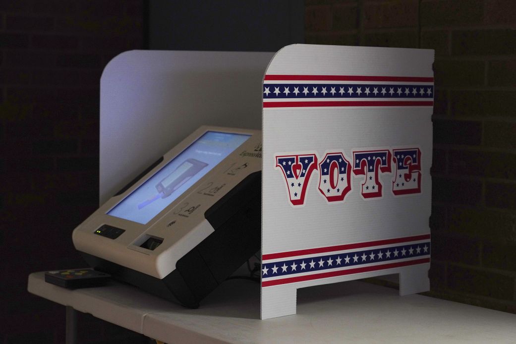 A voting booth sits at a polling station in Milwaukee, Wisconsin, in April 2020.