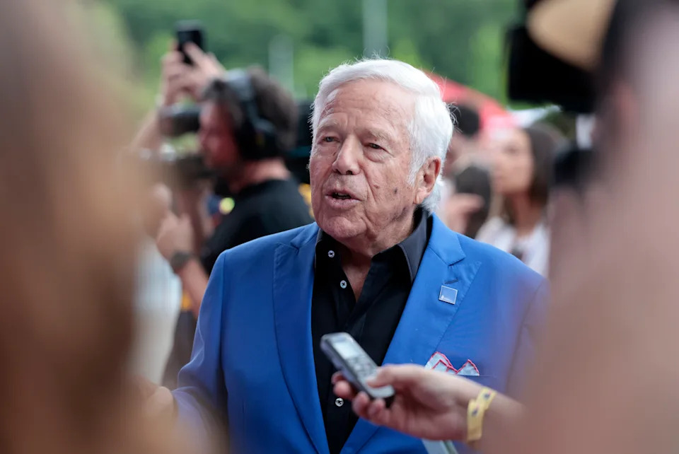 FOXBOROUGH, MA - JUNE 12: New England Patriots chairman and CEO Robert Kraft speaks with the press during the induction of Tom Brady into the New England Patriots Hall of Fame on June 12, 2024 at Gillette Stadium in Foxborough, Massachusetts. (Photo by Fred Kfoury III/Icon Sportswire via Getty Images)