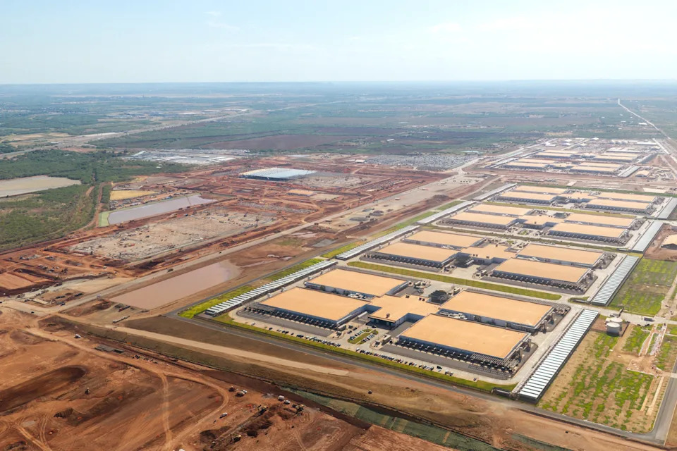 In an aerial view, the Stargate Oracle AI data center campus in Abilene, Texas.