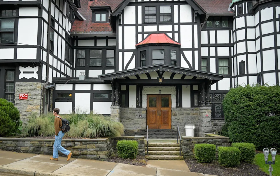 The Chi Phi fraternity house at Cornell University in Ithaca, N.Y., Monday, Sept.28, 2026. (AP Photo/Heather Ainsworth)