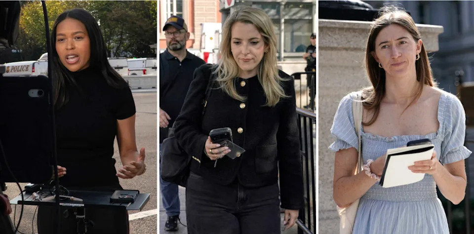 MS NOW's Akayla Gardner,  CNN's Betsy Klein and Politico's Cheyenne Haslett are seen near the White House after all were denied entry on Sept. 19.