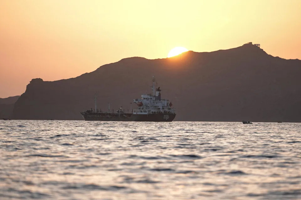 A commercial vessel is anchored off Yemen's coast at Bab el-Mandeb