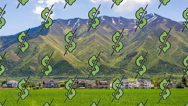 Salt Lake City homes with slashed dollar signs collaged over the photo