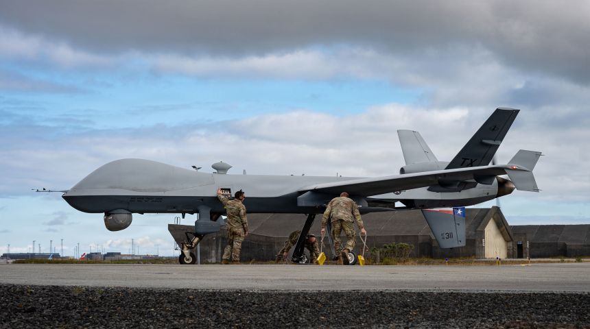 Airmen from the Texas Air National Guard conduct preflight and postflight inspections on an MQ-9 Reaper aircraft at Keflavík Air Base, Iceland, in August.
