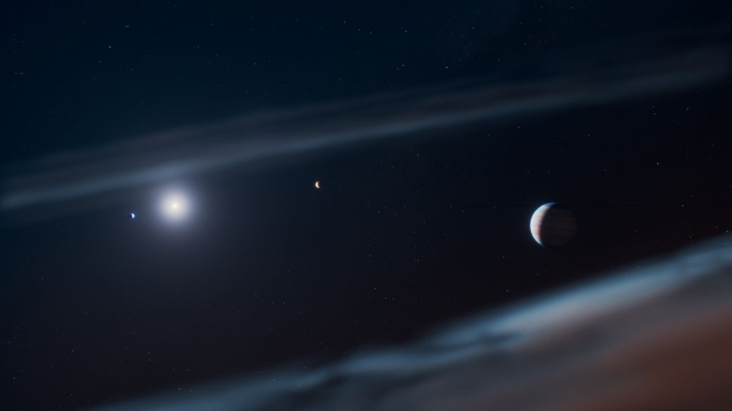 An artist’s interpretation depicts Beta Pictoris b (right) as it orbits its host star. The giant exoplanet was the source of a recently detected radio signal.