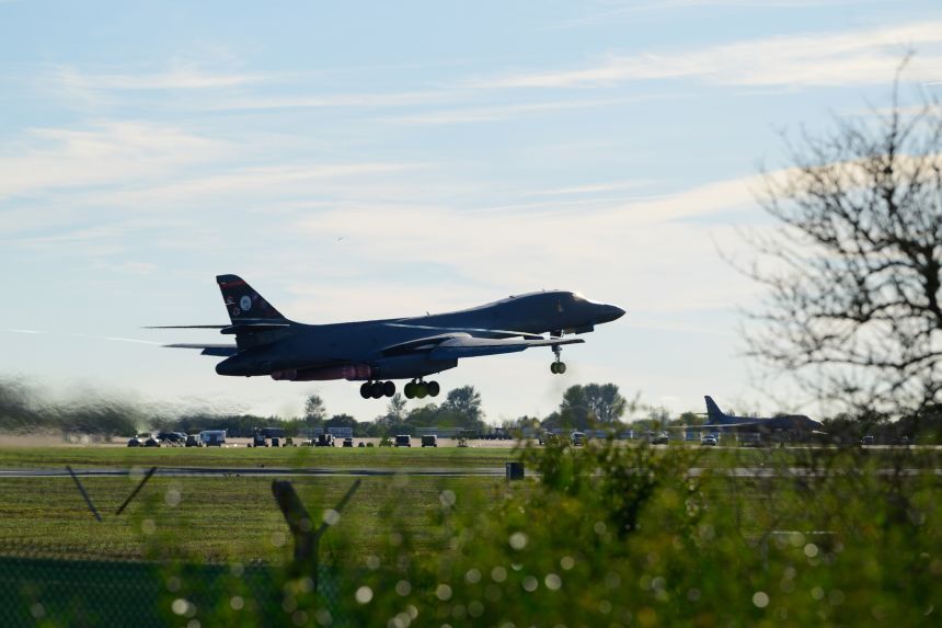 A Rockwell B1 Lancer heavy bomber takes off from RAF Fairford in Fairford, United Kingdom, on October 04.