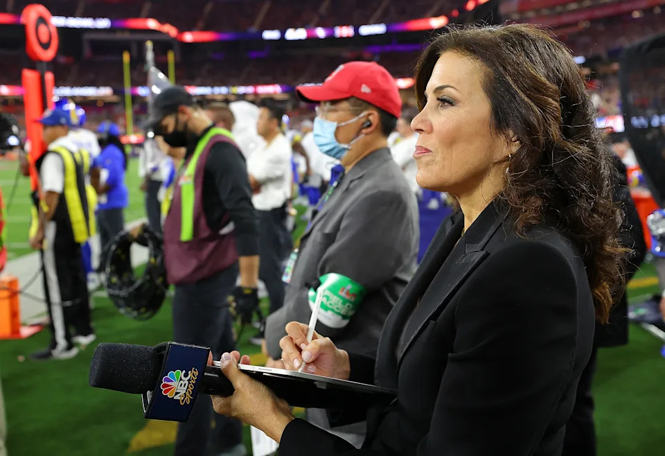 INGLEWOOD, CALIFORNIA - FEBRUARY 13: Commentator Michele Tafoya looks on during Super Bowl LVI between the Los Angeles Rams and the Cincinnati Bengals at SoFi Stadium on February 13, 2022 in Inglewood, California. (Photo by Kevin C. Cox/Getty Images)