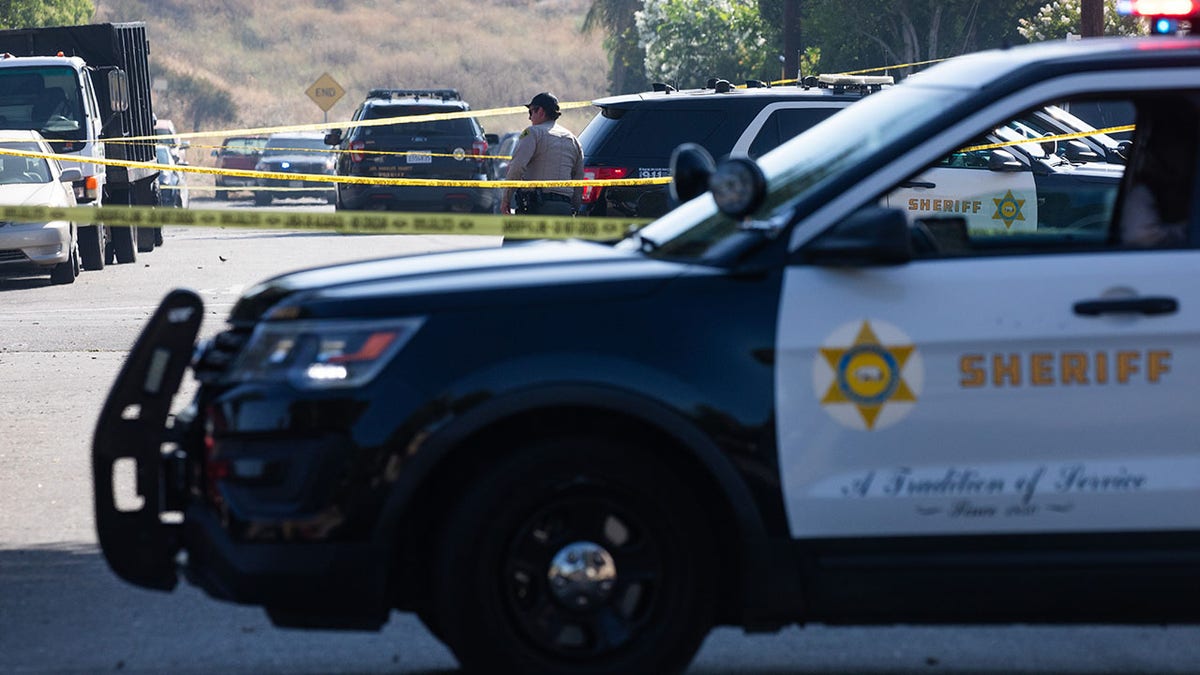 A Los Angeles County sheriff's vehicle at a crime scene